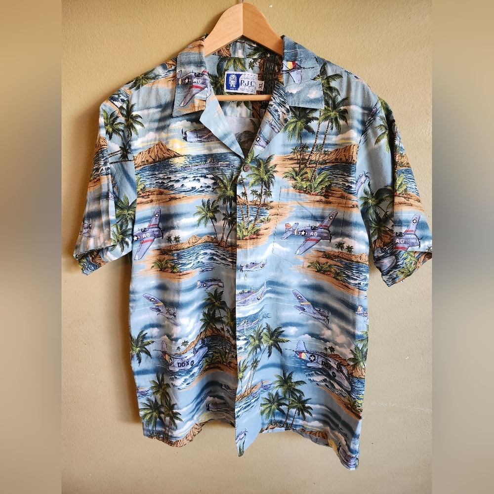 Vintage RJC Shirt Men's XL Hawaiian Button Up Pearl Harbor Planes Print USA